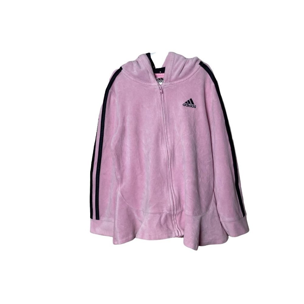 Adidas Girls Sz 6 Zip Up Hooded Sweatshirt Pink‎ Cotton Blend Peplum Hem
